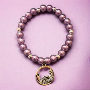 Custom Purple Beaded Stretchy Bracelet with Mermaid Charm